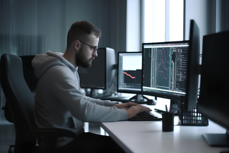 Handsome young man working on desktop computer at night in officeの素材