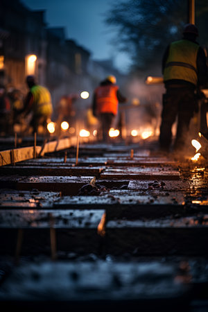 Workers on the construction of a road in the city at night.の素材