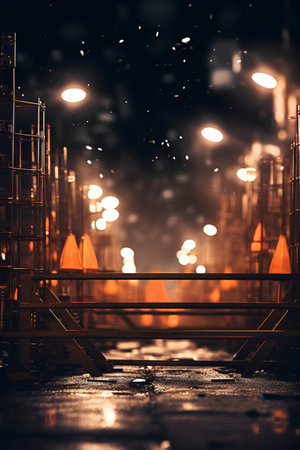 Night city street with lights and reflections. 3d rendering toned imageの素材