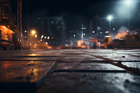 Construction site with cranes and heavy equipment at night. Selective focusの素材