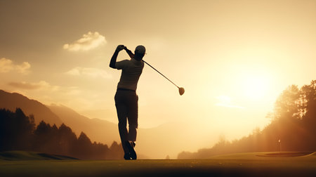 Silhouette of a golfer on a golf course at sunsetの素材