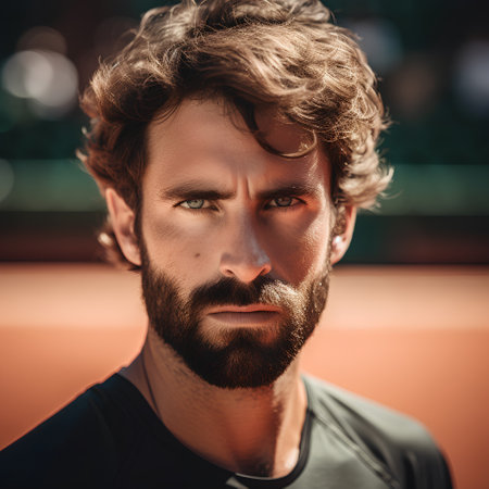 Portrait of handsome young man with beard and mustache looking at camera.の素材