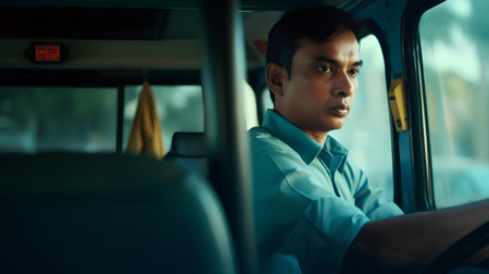 indian male driver looking out the window of a bus at nightの素材