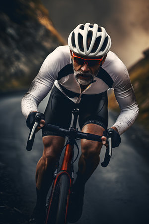 Cyclist Riding the Mountain Bike on the Road. Extreme Sport Concept.の素材