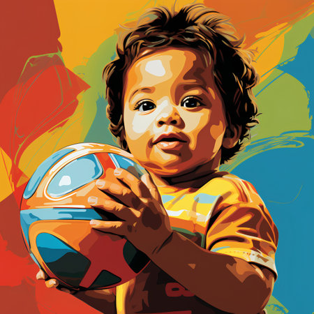 Portrait of a little boy with a soccer ball. Vector illustration.の素材