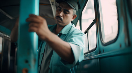 transport, profession, people and transport concept - close up of male mechanic in uniform driving busの素材