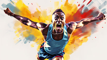 Athletic young man in sportswear jumping and screaming. Colorful abstract background.の素材