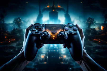 Close up of male hands holding gamepad against night cityscape backgroundの素材