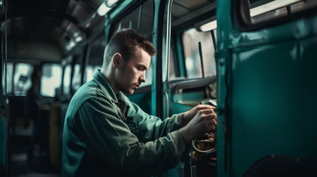 Portrait of a young man in a green jacket standing in a bus.の素材