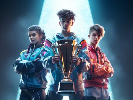 Group of young people holding a trophy on the background of the spotlight.の素材