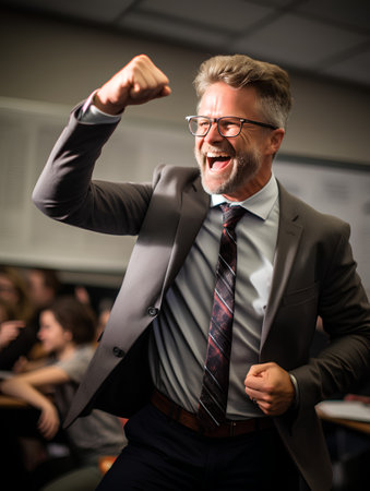 Portrait of a senior businessman celebrating success in a conference hall.の素材