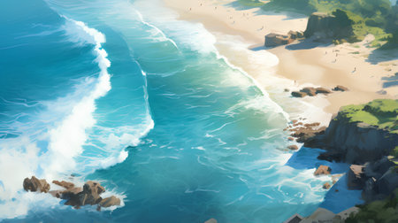 Seascape with blue ocean waves and sandy beach. Vector illustration.の素材