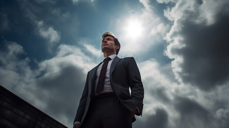 Businessman standing against sky with clouds and sun. Success concept.