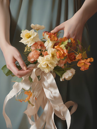 Beautiful bouquet of flowers in female hands on a dark backgroundの素材