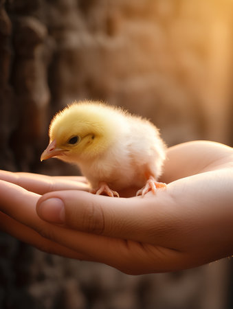 Little yellow chicken in the hands of a child. Close-up.の素材