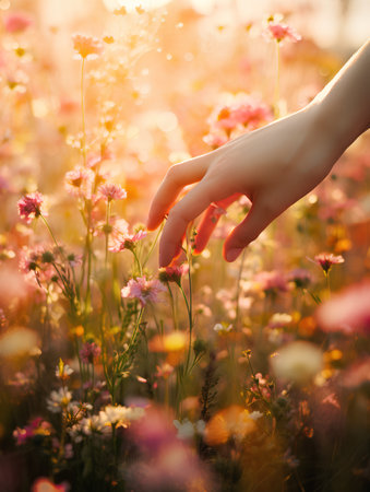 Close-up of woman's hand touching wildflowers at sunsetの素材