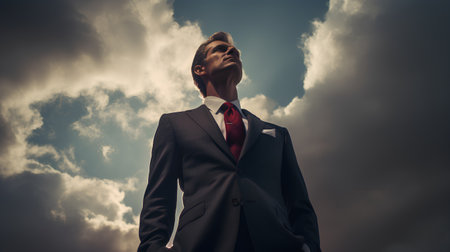 Portrait of a young businessman in a suit against a cloudy skyの素材