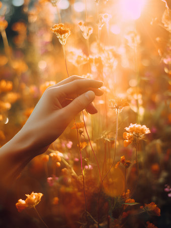 Beautiful young woman hands touching dry flowers in the meadow at sunsetの素材