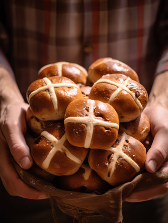 Basket with hot cross buns in the hands of a womanの素材