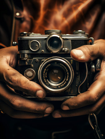 Old camera in the hands of a man on a brown leather backgroundの素材