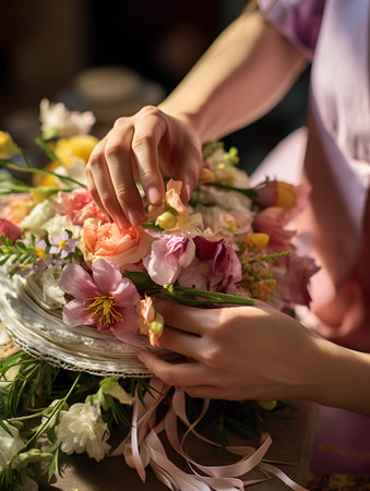 Female florist making bouquet in flower shop. Hands close up.の素材