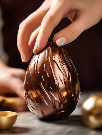 close up of woman's hands decorating chocolate egg for easterの素材