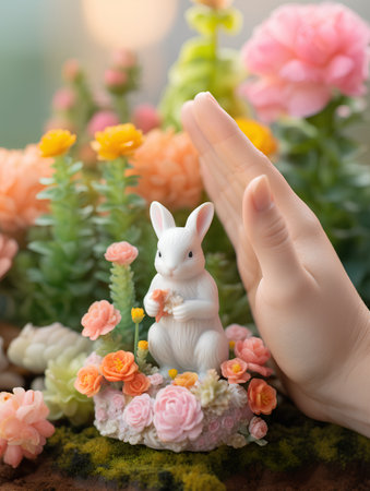 Hand holding a white rabbit in a nest of flowers. Easter backgroundの素材