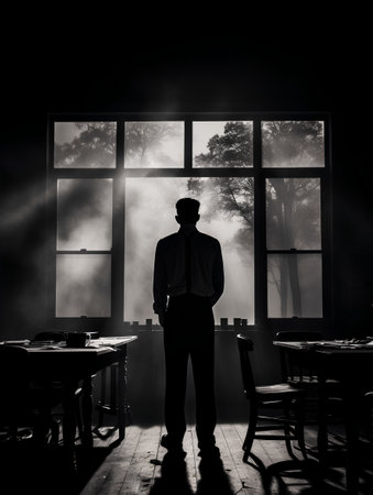 Silhouette of a man standing at the table in the dark roomの素材