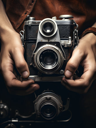 Old camera in the hands of a man on a dark background.の素材