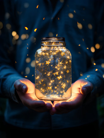 Hands holding a glass jar with golden bokeh lights insideの素材