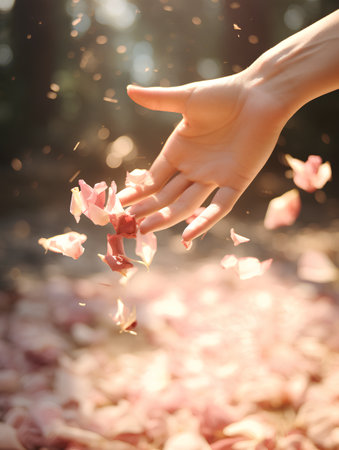 Hands of a child playing with petals of a cherry treeの素材