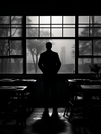 Silhouette of a businessman standing in a restaurant and looking out the windowの素材