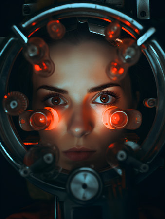 Close-up portrait of a futuristic woman in a futuristic space suit.の素材