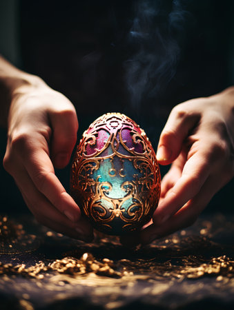 Close up of female hands holding golden egg on black background with smokeの素材