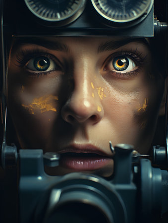 Close-up portrait of a beautiful girl in a military helmet.の素材