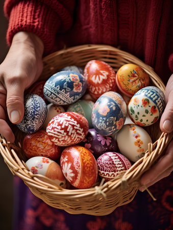Easter eggs in the hands of a girl on a dark backgroundの素材