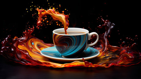 Cup of coffee with colorful splash on black background. 3d renderingの素材