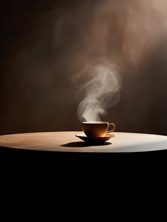 Cup of coffee on a wooden table with smoke on a dark backgroundの素材