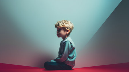 Little boy sitting on the floor and looking at the camera. 3d renderingの素材