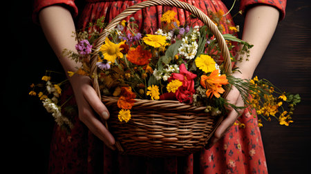 Basket with wildflowers in the hands of a girl.の素材