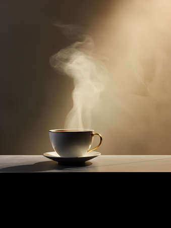 Cup of coffee on a wooden table with smoke on a dark backgroundの素材