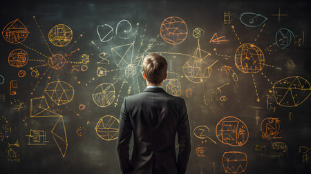 Back view of young businessman looking at abstract sketch on chalkboard backgroundの素材