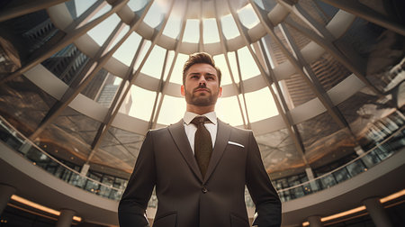 Portrait of a handsome businessman in a business suit standing in a modern office building.の素材