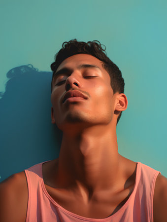 Handsome young man with closed eyes on a blue background.の素材