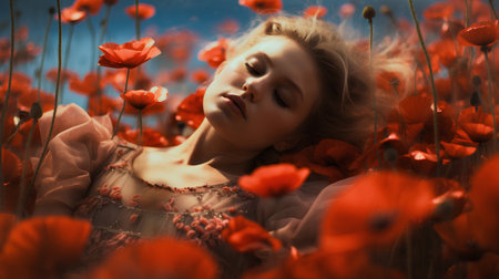 Beautiful young woman in a field of poppies. Toning.の素材