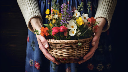 Female hands holding a basket with wildflowers on a dark backgroundの素材