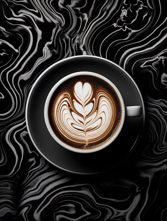 Cup of coffee on black marble background. Top view. 3d renderingの素材