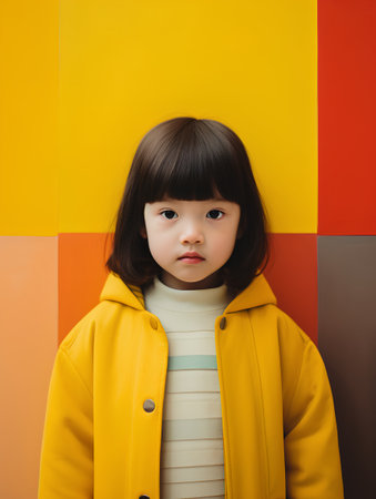 Portrait of little asian girl in yellow coat on colorful backgroundの素材