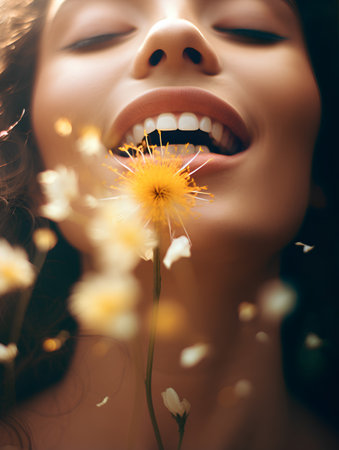 Closeup portrait of a beautiful young woman with dandelion flowerの素材