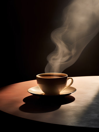 Hot coffee in a cup on a dark background with smoke and steamの素材